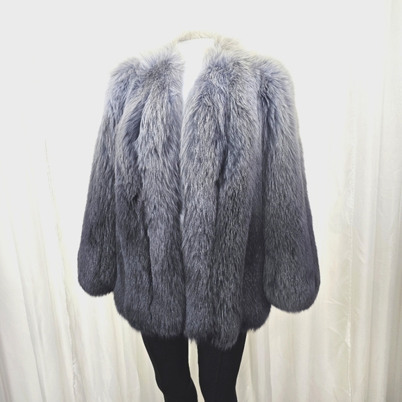 Luxurious Real Fur Coat Ombre Gray Blue Open Front Small Dyed Fox - Picture 1 of 13